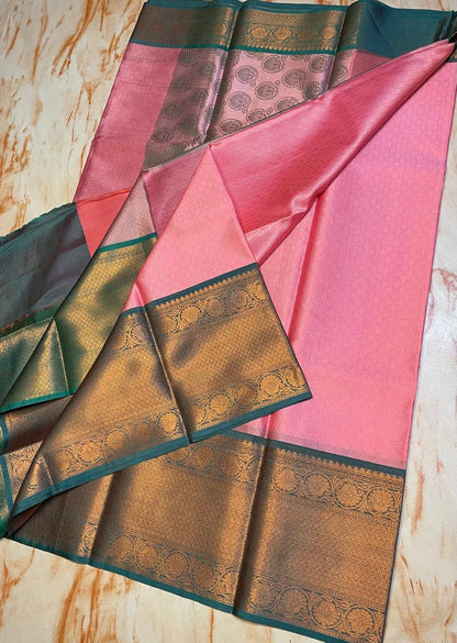 Baby pink Classy look kora muslin saree with green skirt zari weaving border