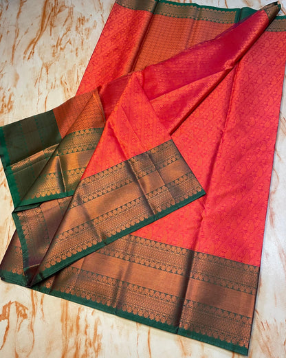 Red Kanchi kora muslin saree with Bottle green zari weaving Skirt border Wedding and party wear sarees