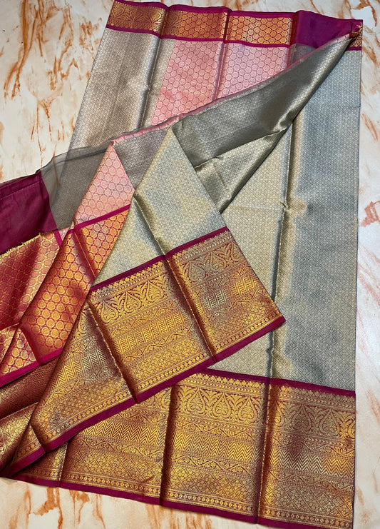 Kanjeevaram Soft silky kora muslin grey color saree with gold zari weaving skirt border saree