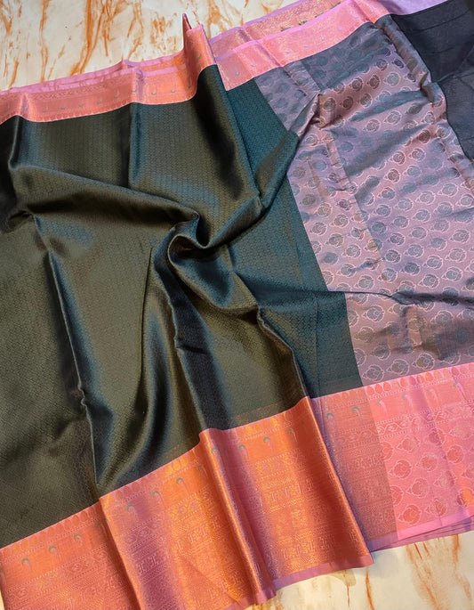 Traditional Kanjeevaram Kora muslin Black+Baby pink Zari weaving Skirt border saree