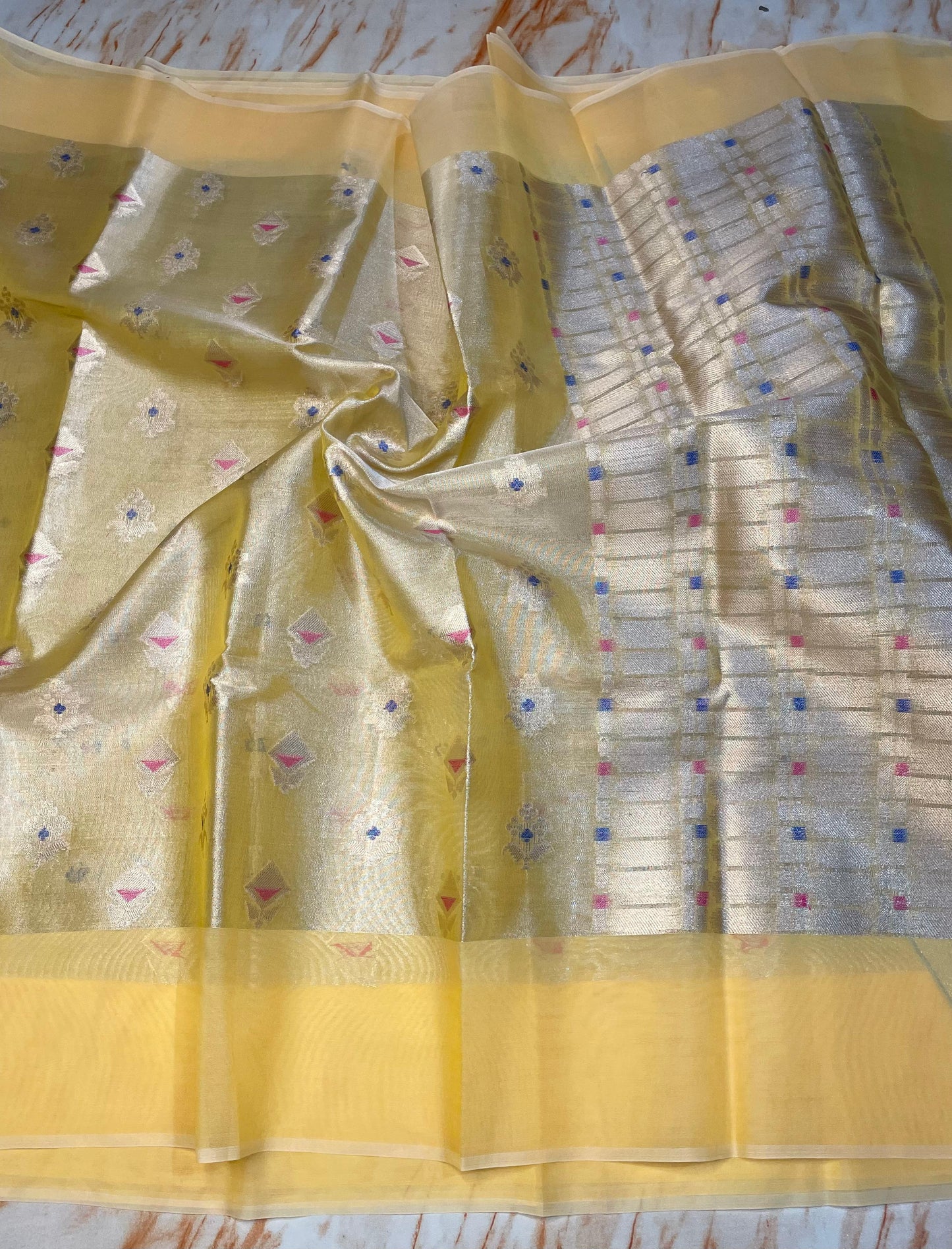 Premium Tissue Organza Yellow Color with flower weaving butta Pattern sarees