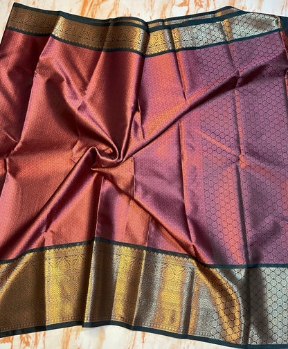 Kanjeevaram kora muslin Wine color with gold zari weaving border traditional saree