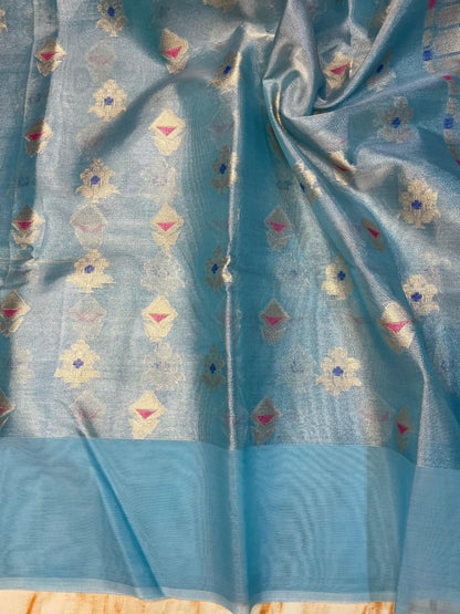 Premium Tissue Organza Sea Green with flower weaving butta Pattern sarees