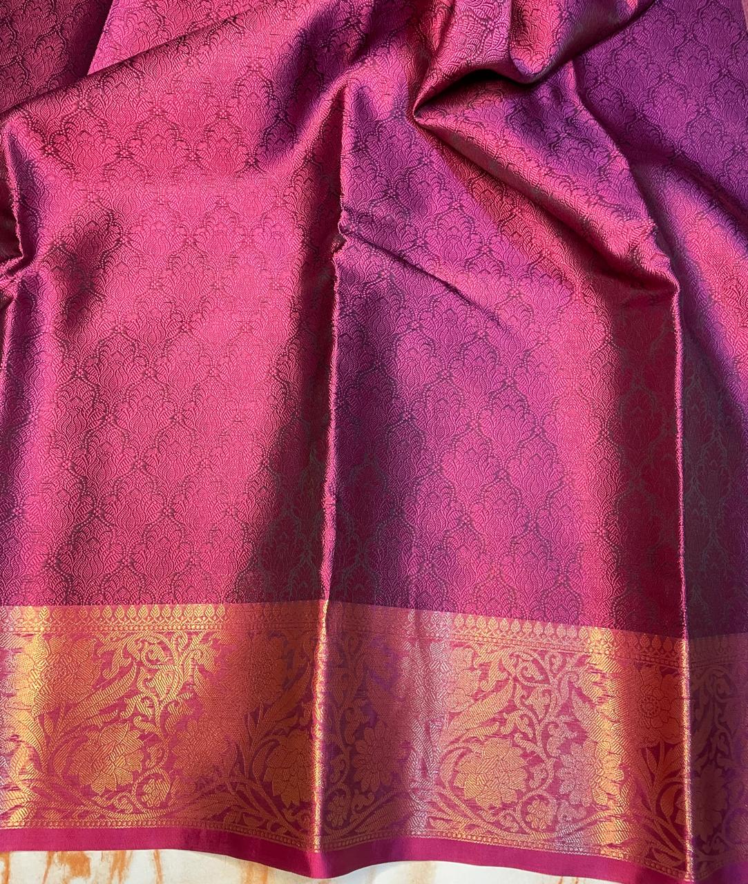 Banarasi Wine colour traditional wear kora muslin saree with gold zari weaving border