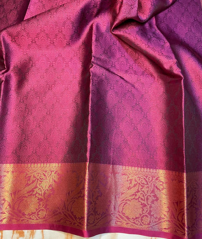 Banarasi Wine colour traditional wear kora muslin saree with gold zari weaving border