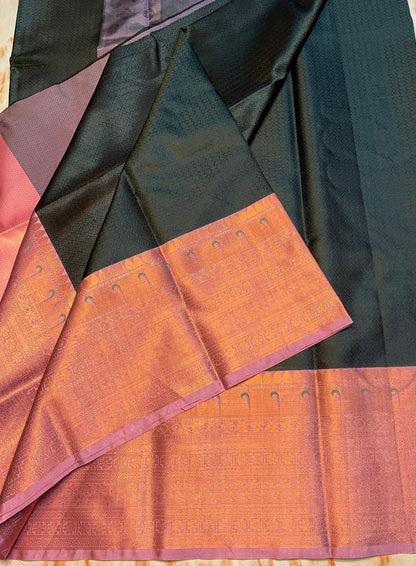 Traditional Kanjeevaram Kora muslin Black+Baby pink Zari weaving Skirt border saree