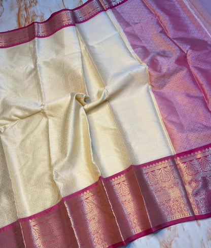 Creem colour kora muslin silky saree with Pink Zari weaving Skirt border