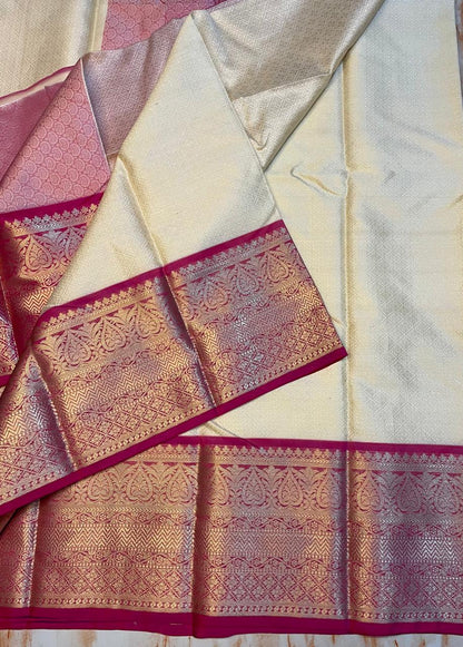 Creem colour kora muslin silky saree with Pink Zari weaving Skirt border