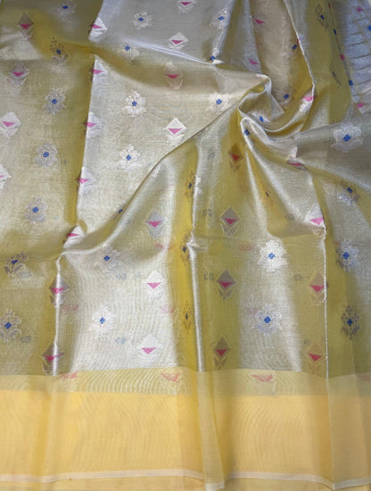 Premium Tissue Organza Yellow Color with flower weaving butta Pattern sarees