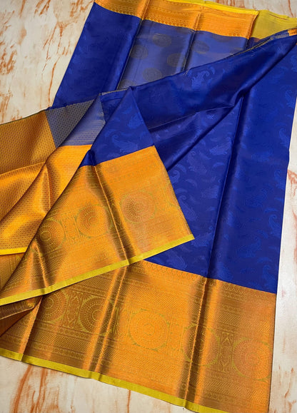 Kanjeevaram royal Blue with yellow zari weaving gold skirt border saree