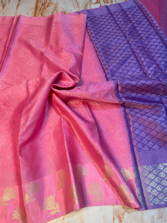 Kanchi kora muslin Soft baby Pink color Saree with flower zari weaving Skirt border saree