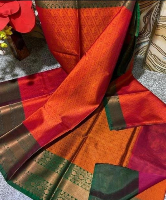 Red Pattu Kora muslin skirt border zari weaving saree