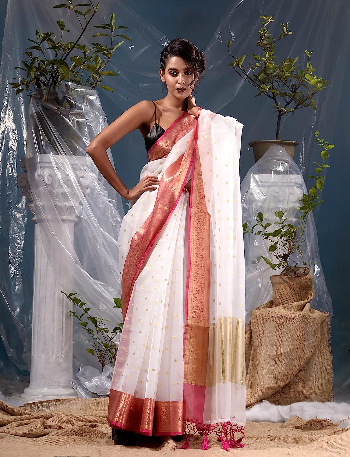 White Banarasi Women's soft cotton Butti Pattern Zari weaving Saree
