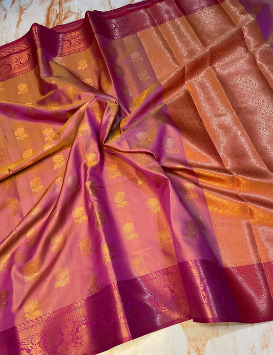 Banarasi Soft Satin Silk Flower Pattern Gold Zari Weaving Traditional Dual Tone Sarees