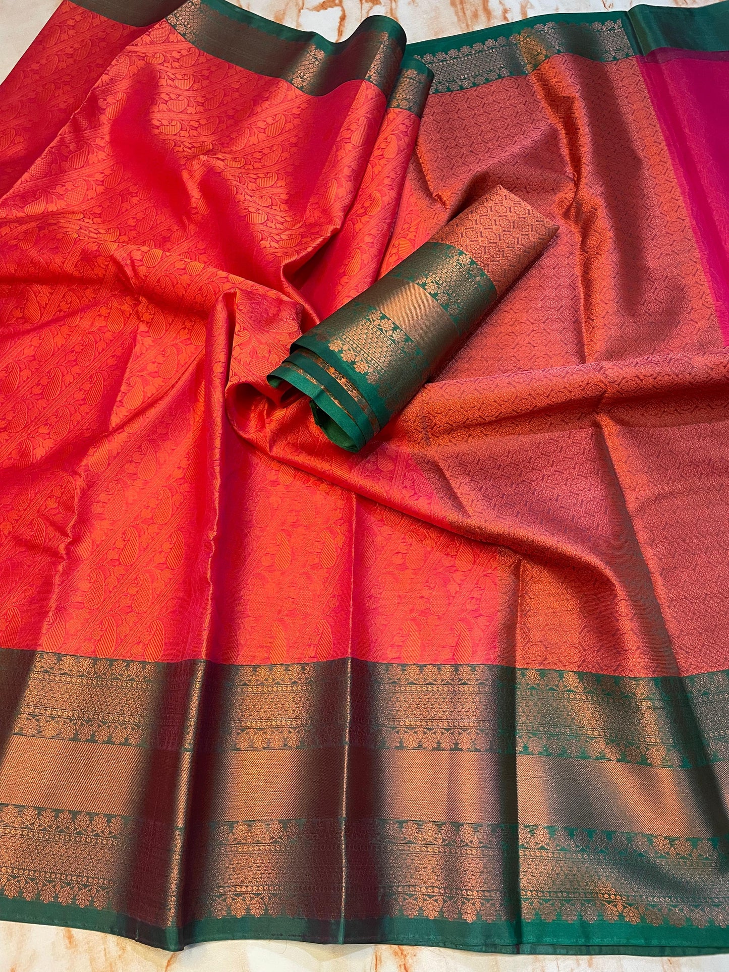 Red Kanchi kora muslin saree with Bottle green zari weaving Skirt border Wedding and party wear sarees