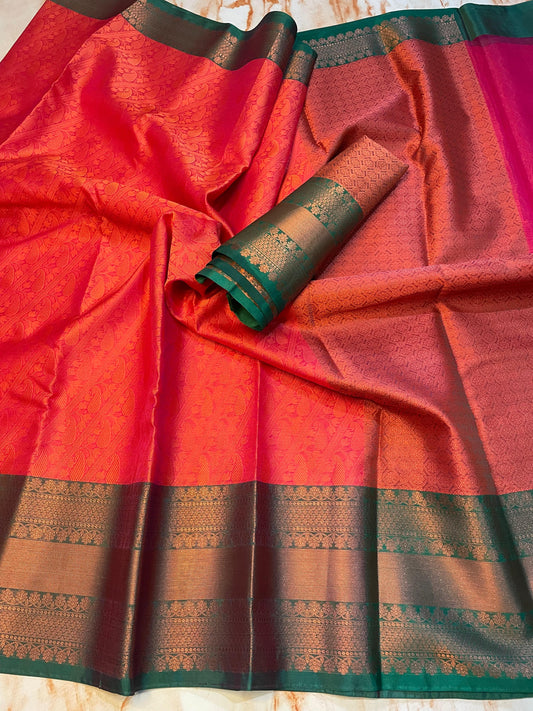 Red Kanchi kora muslin saree with Bottle green zari weaving Skirt border Wedding and party wear sarees