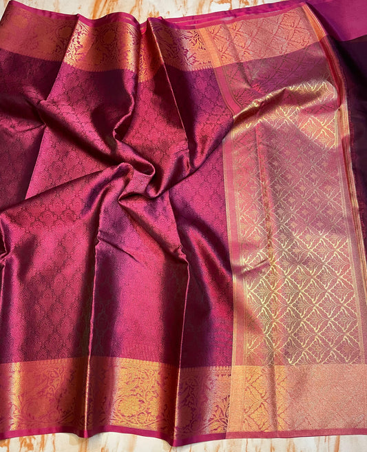 Banarasi Wine colour traditional wear kora muslin saree with gold zari weaving border
