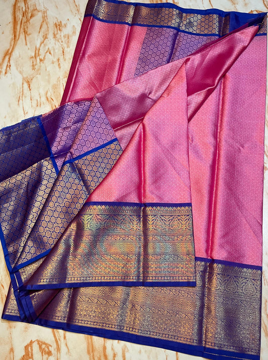 Kanjeevaram Pink with Dark blue Kanchi kora muslin Silky sarees