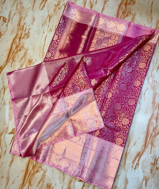Premium Banarasi pink soft satin silk zari weaving saree