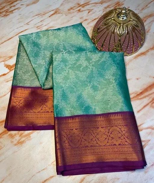 Traditional wear Kanchi Kora Muslin gold zari weaving purple color border saree