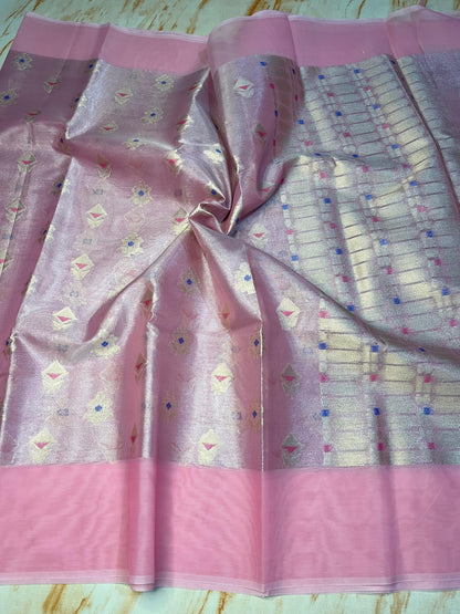 Premium Tissue Organza Baby pink with flower weaving butta Pattern sarees