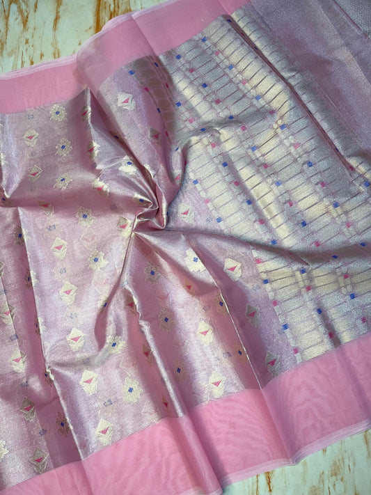 Premium Tissue Organza Baby pink with flower weaving butta Pattern sarees