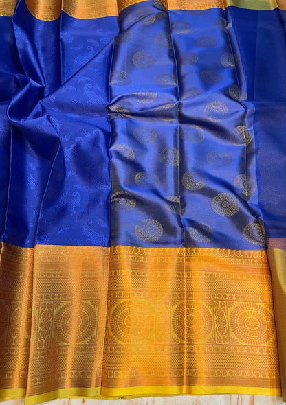 Kanjeevaram royal Blue with yellow zari weaving gold skirt border saree