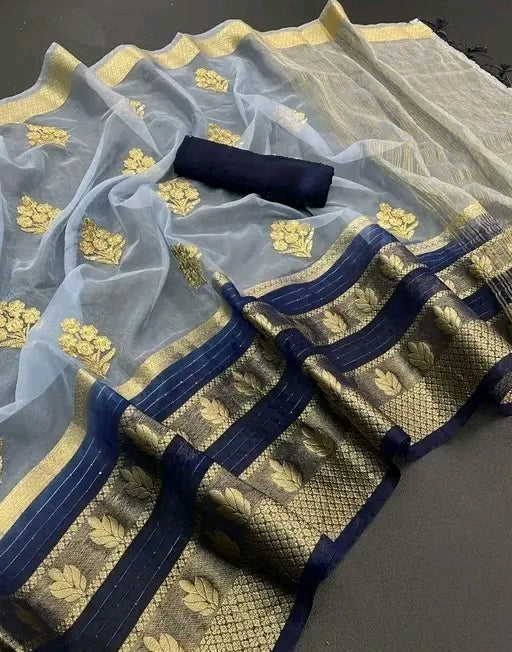 Organza Embroidery work Saree with Unstitched blouse piece