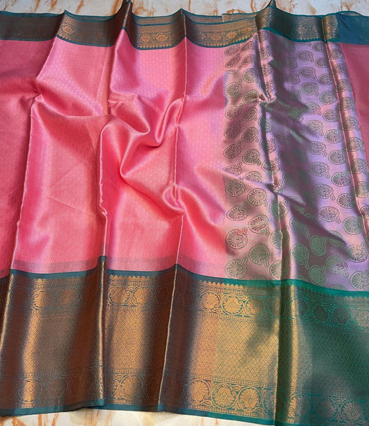 Baby pink Classy look kora muslin saree with green skirt zari weaving border