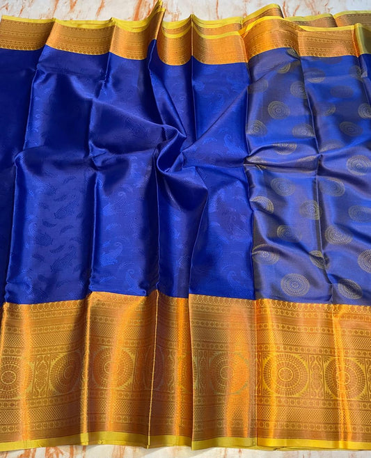 Kanjeevaram royal Blue with yellow zari weaving gold skirt border saree