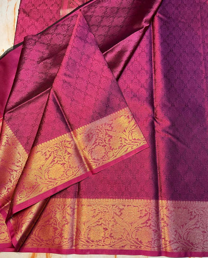 Banarasi Wine colour traditional wear kora muslin saree with gold zari weaving border