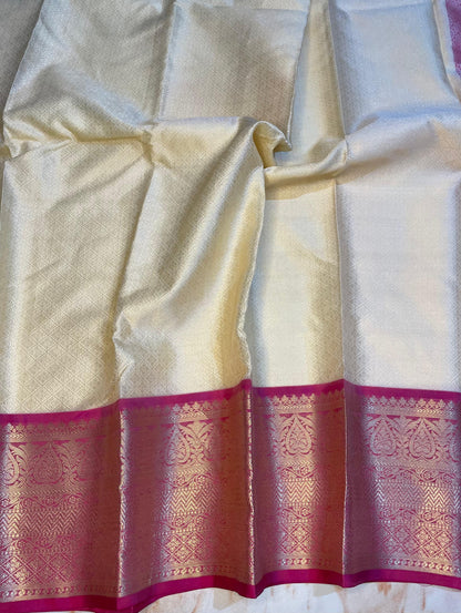 Creem colour kora muslin silky saree with Pink Zari weaving Skirt border