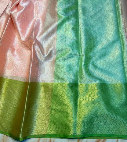 Pretty women's light pink saree with green Skirt zari weaving border