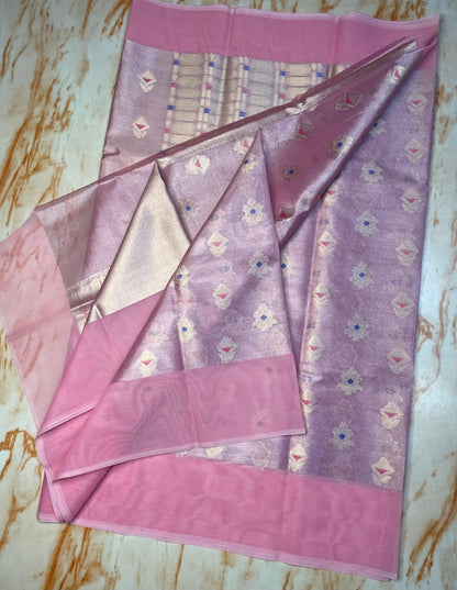 Premium Tissue Organza Baby pink with flower weaving butta Pattern sarees
