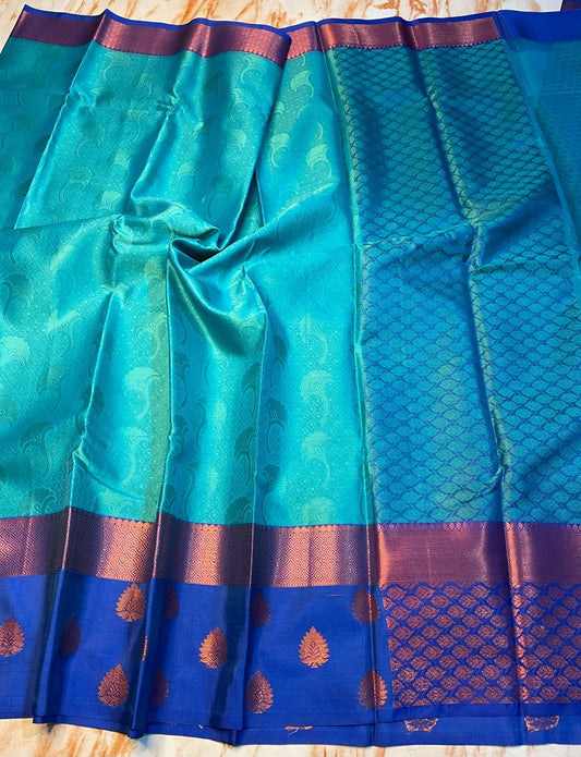 Sky blue With dark blue zari weaving skirt border kora muslin saree