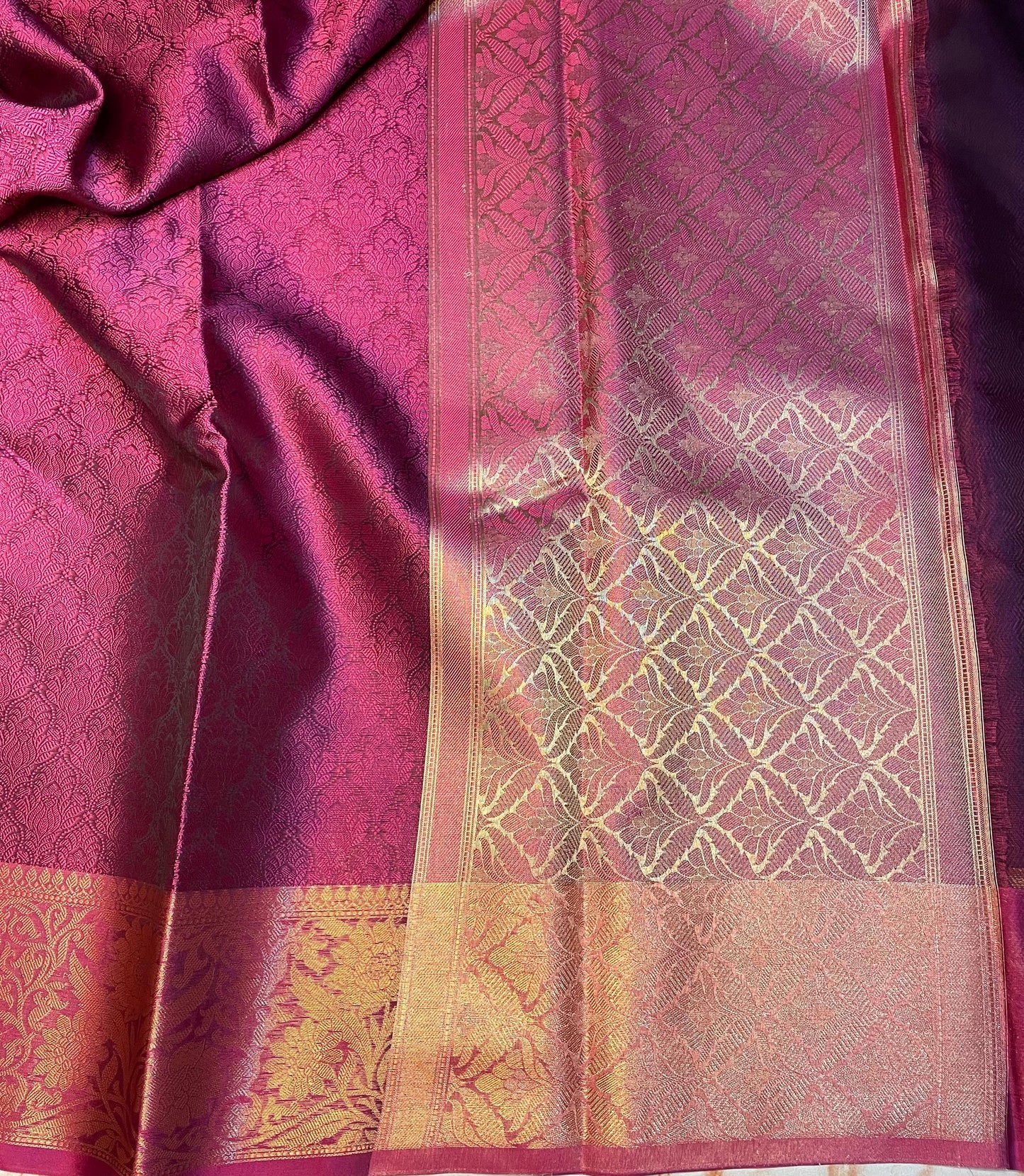 Banarasi Wine colour traditional wear kora muslin saree with gold zari weaving border