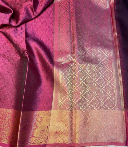 Banarasi Wine colour traditional wear kora muslin saree with gold zari weaving border