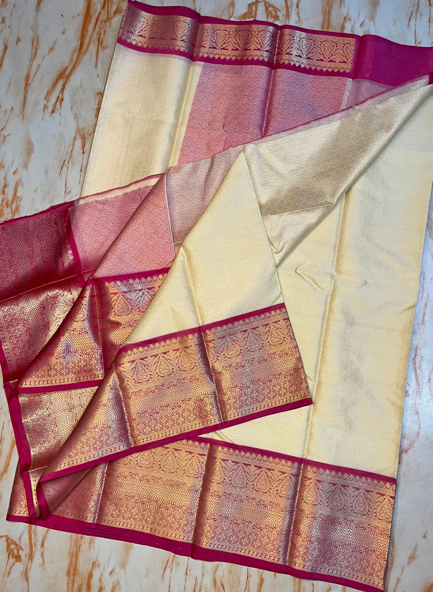 Creem colour kora muslin silky saree with Pink Zari weaving Skirt border