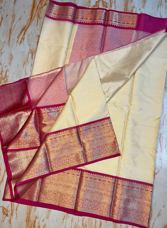 Creem colour kora muslin silky saree with Pink Zari weaving Skirt border