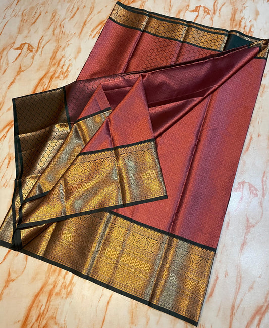Kanjeevaram kora muslin Wine color with gold zari weaving border traditional saree