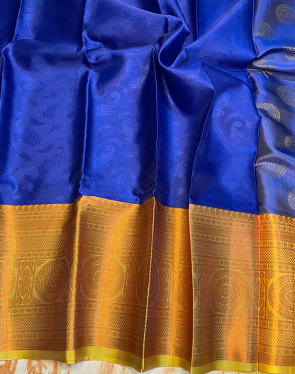 Kanjeevaram royal Blue with yellow zari weaving gold skirt border saree
