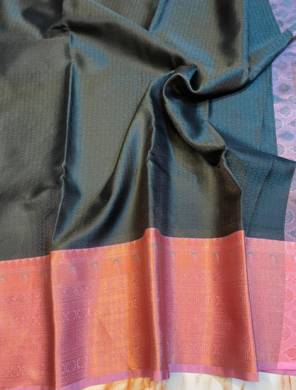 Traditional Kanjeevaram Kora muslin Black+Baby pink Zari weaving Skirt border saree