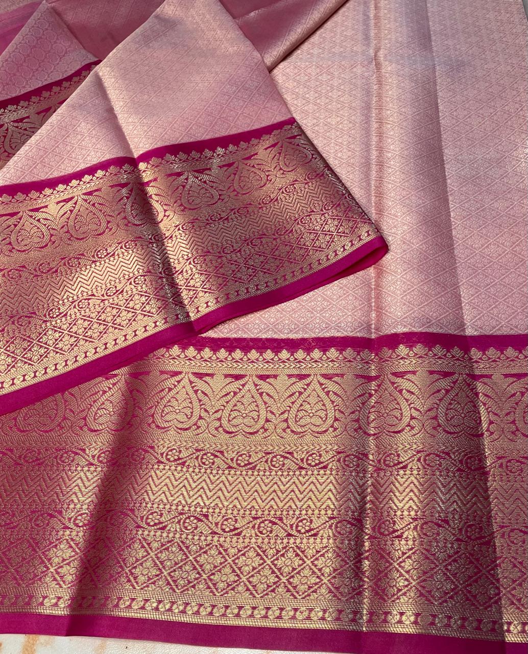 Kanjeevaram Baby pink with gold zari weaving skirt kora muslin sarees