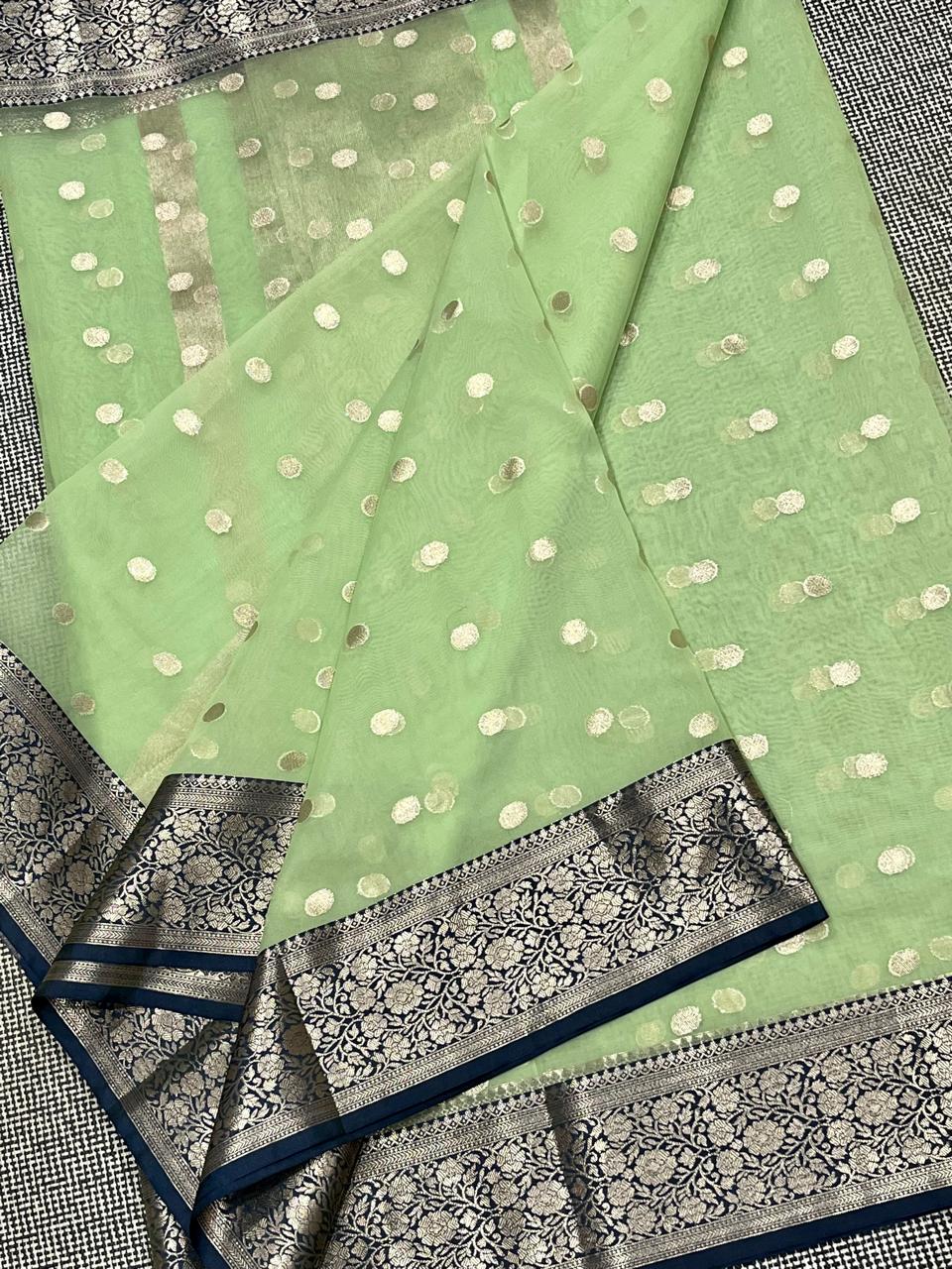 Traditional banarasi Bitti pattern organza Green colour Saree
