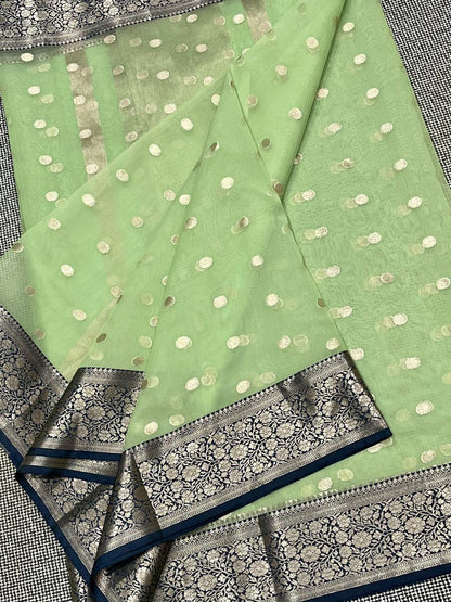 Traditional banarasi Bitti pattern organza Green colour Saree