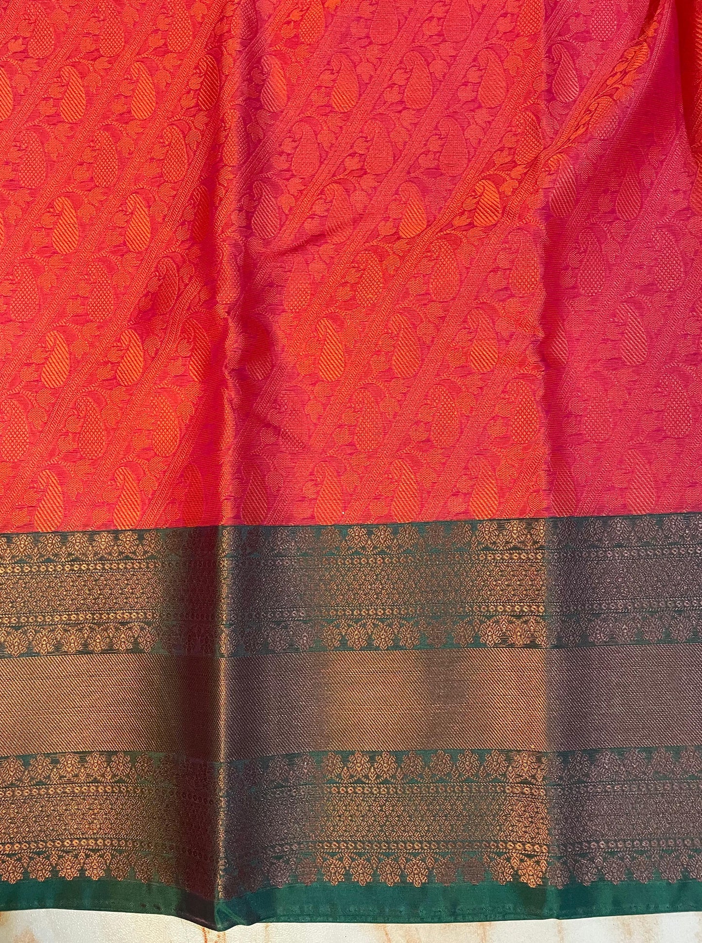 Red Kanchi kora muslin saree with Bottle green zari weaving Skirt border Wedding and party wear sarees