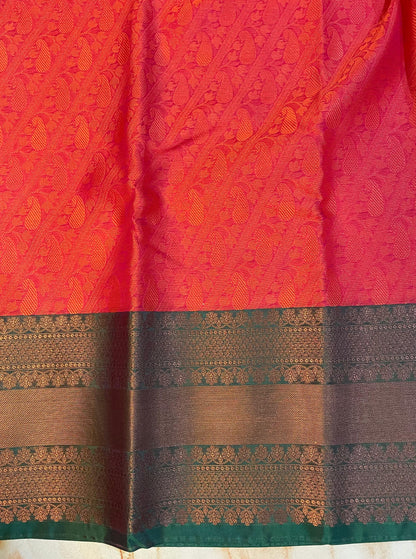Red Kanchi kora muslin saree with Bottle green zari weaving Skirt border Wedding and party wear sarees