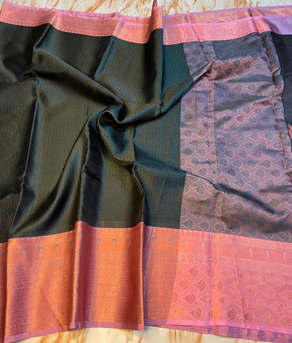 Traditional Kanjeevaram Kora muslin Black+Baby pink Zari weaving Skirt border saree